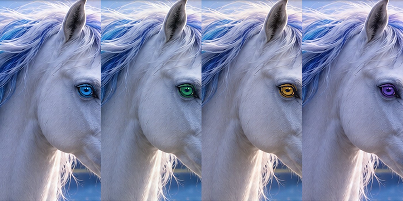 Four fantasy unicorn portraits showing different eye colors for the Rarest Eye Color about page