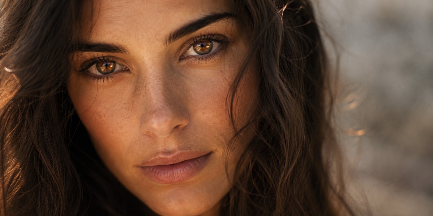 Close-up portrait of a woman with warm amber eyes