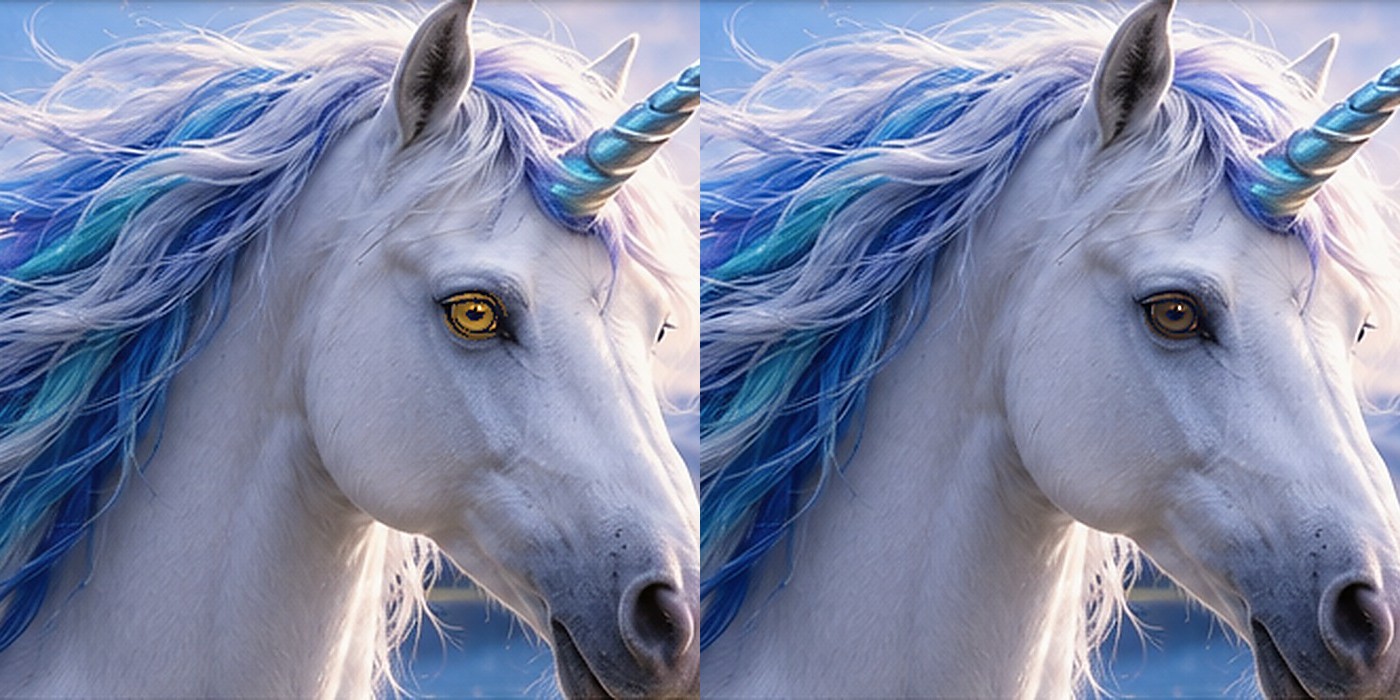 Two fantasy unicorns comparing amber eyes with brown eyes