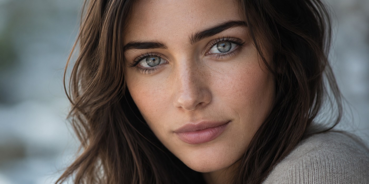Close-up portrait of a woman with clear gray eyes