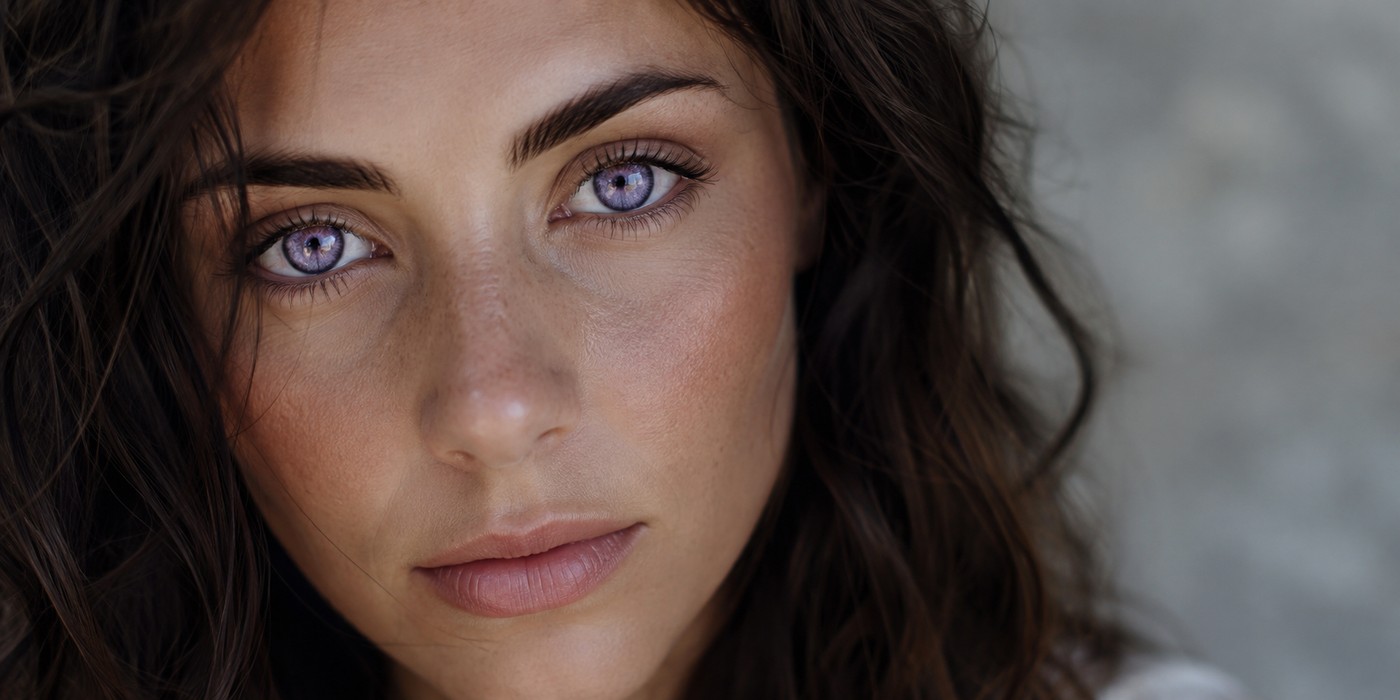 Close-up portrait of a woman with striking violet-looking eyes