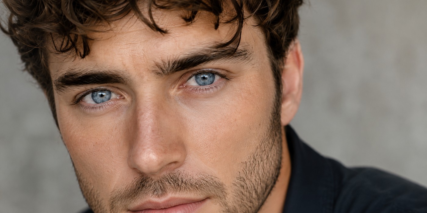 Close-up portrait of a man with bright blue eyes