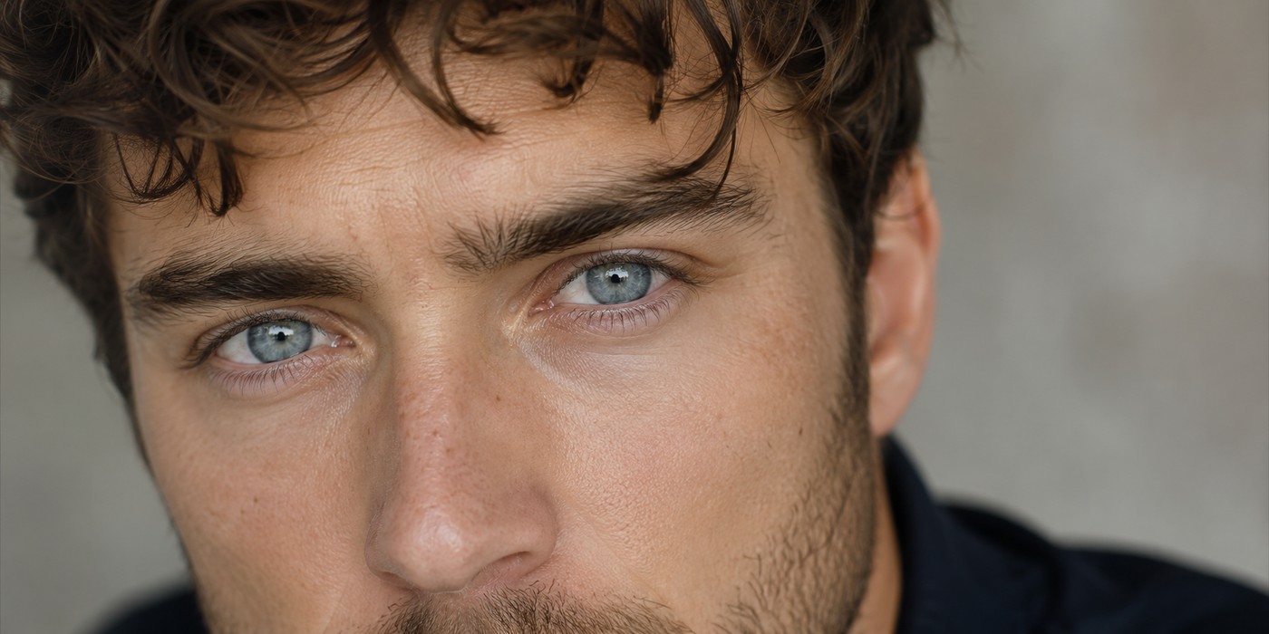Close-up portrait of a man with blue-gray eyes