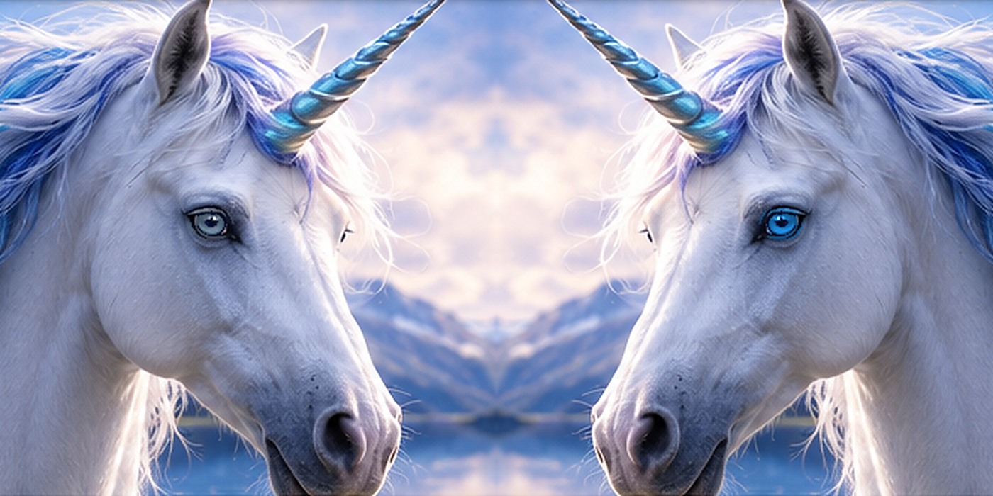 Fantasy unicorn eye-color scene comparing blue and gray tones