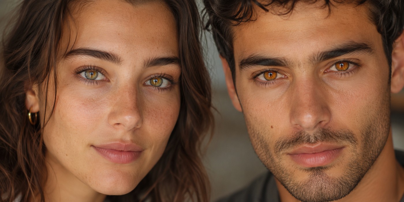 Side-by-side portraits with hazel and amber-toned eyes used as examples