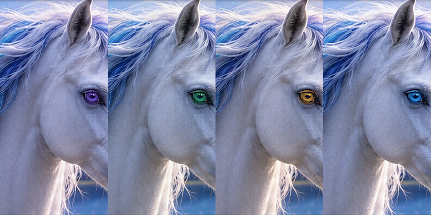 Four fantasy unicorn portraits with different eye colors representing the celebrity eye-color guides