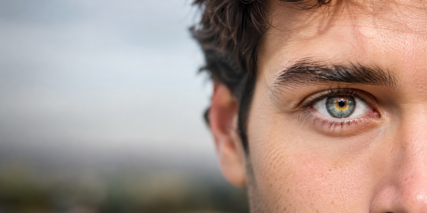Close-up view of a hazel eye with a warm golden ring around the pupil