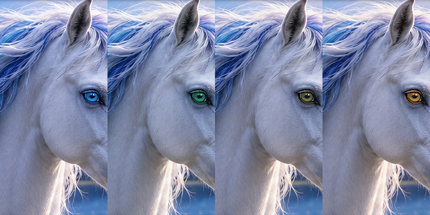 Four fantasy unicorn portraits showing blue, green, hazel, and amber eye colors for comparison