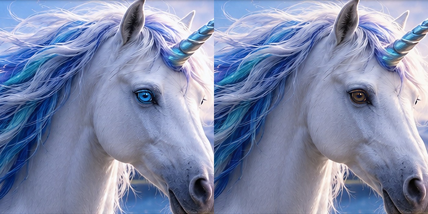 Two fantasy unicorns with different eye colors representing complete heterochromia