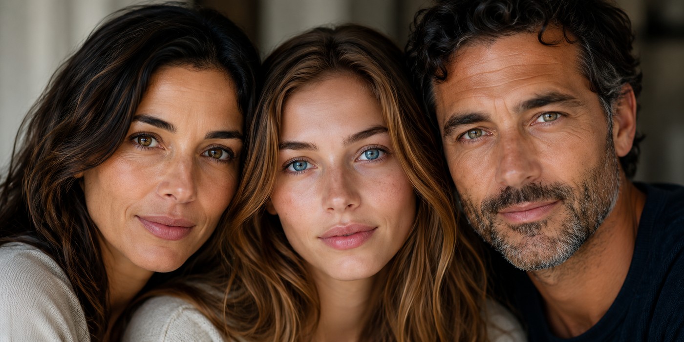 Friendly portrait of three people with different eye colors