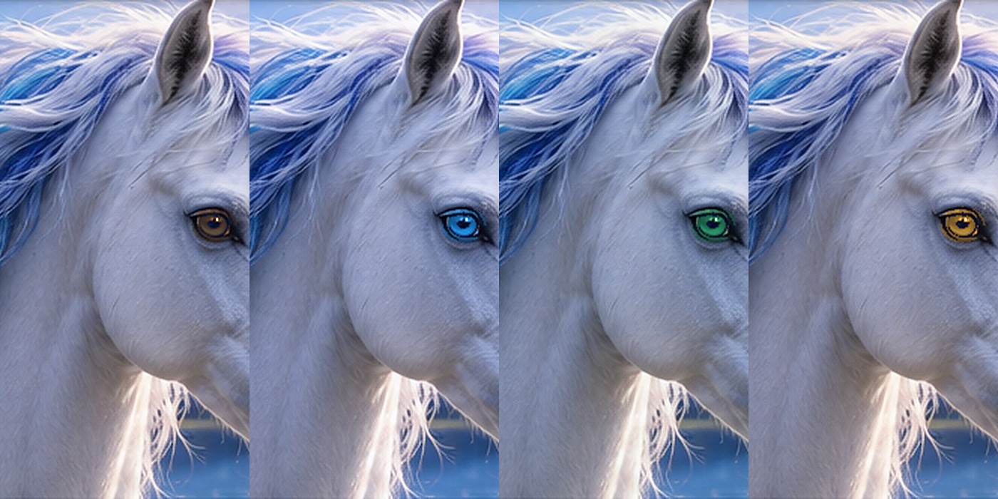 Four fantasy unicorn portraits with different eye colors representing eye color around the world