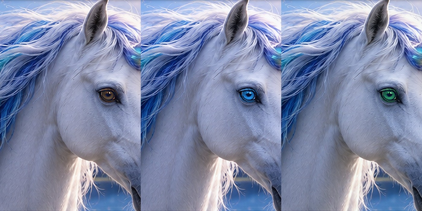 Three fantasy unicorn portraits with different inherited eye colors representing eye color genetics
