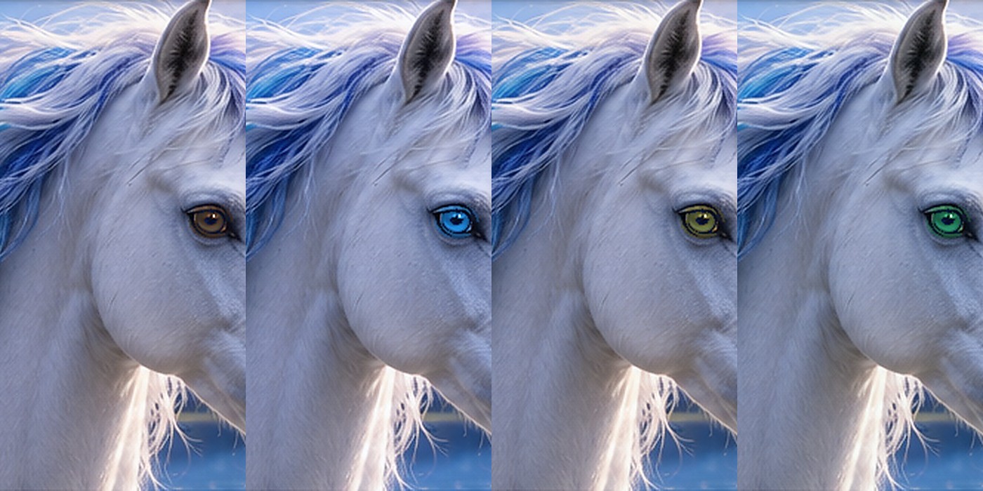 Four fantasy unicorn portraits representing worldwide eye-color percentages