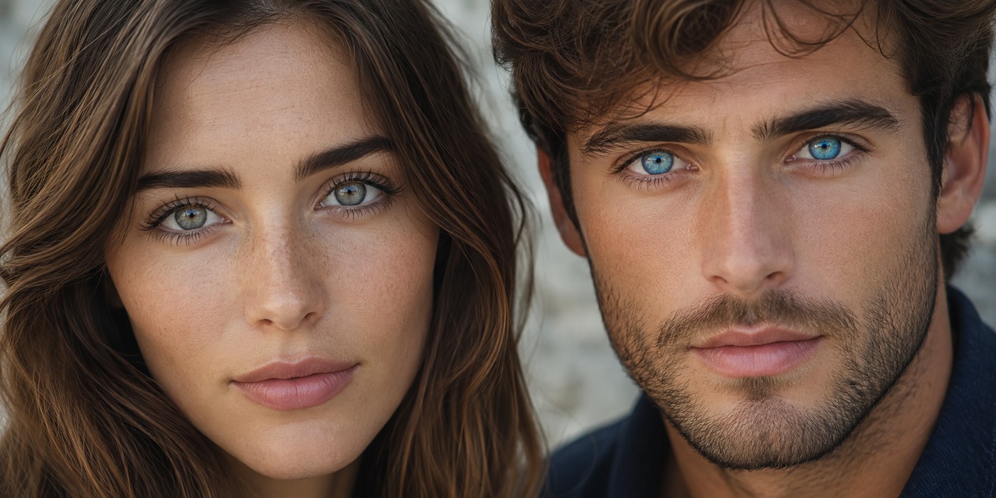 Side-by-side portraits comparing gray eyes and bright blue eyes