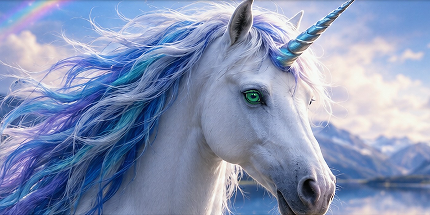 Fantasy unicorn with green eyes in an enchanted mountain landscape