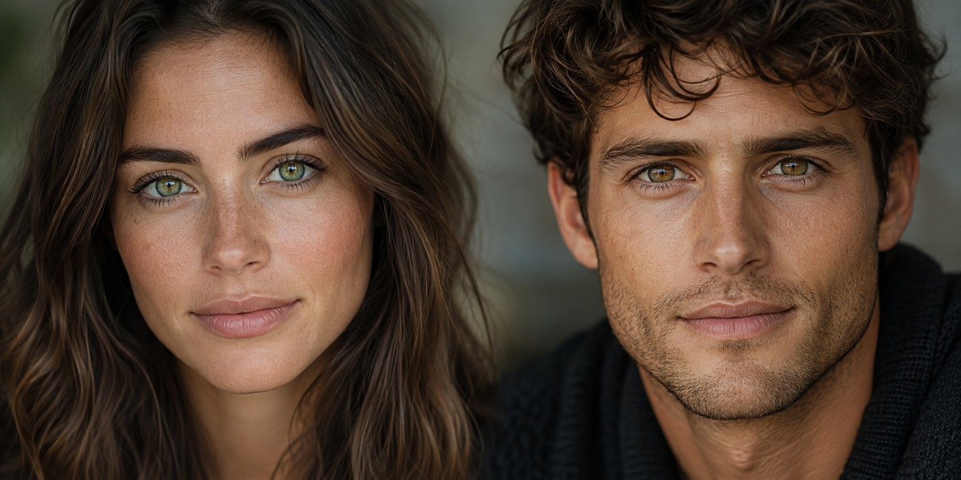 Side-by-side portraits comparing green eyes and hazel eyes