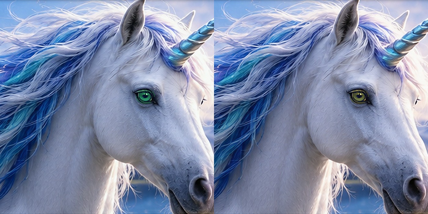 Two fantasy unicorns comparing green eyes with hazel eyes