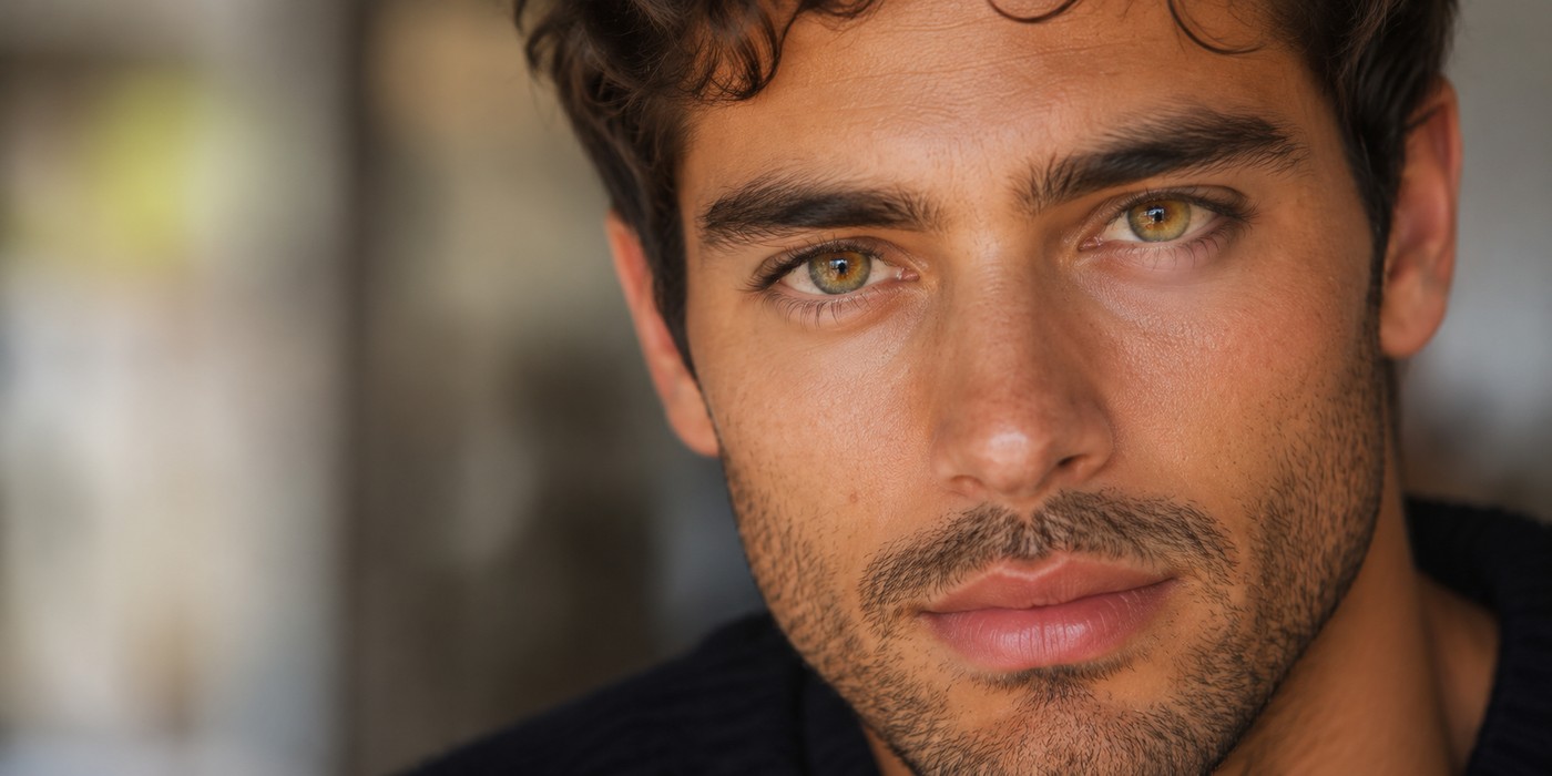Close-up portrait of a man with hazel eyes