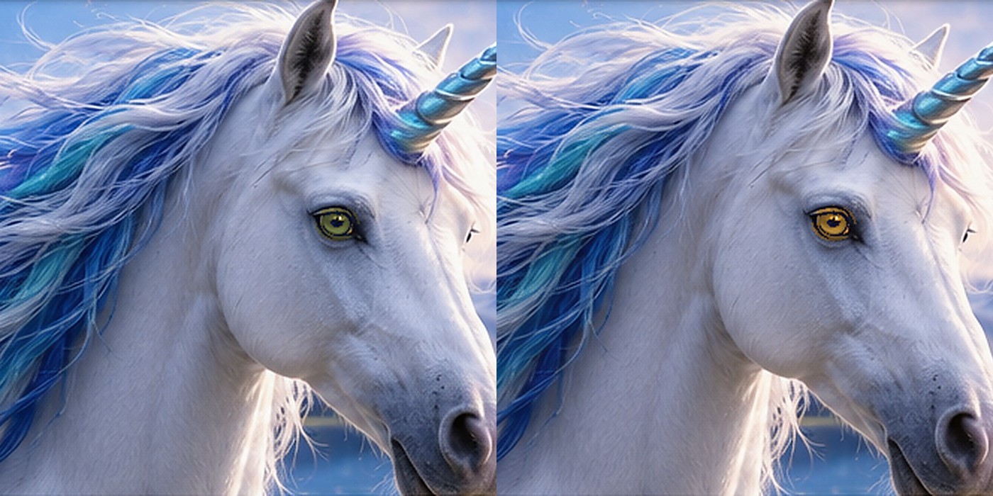 Two fantasy unicorns comparing hazel eyes with amber eyes