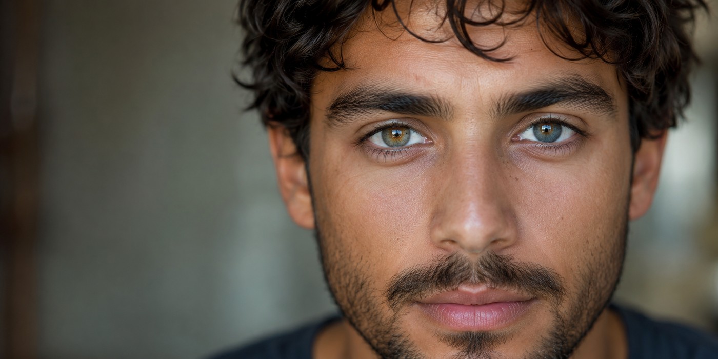 Close-up portrait of a man with one hazel-gold eye and one blue-gray eye