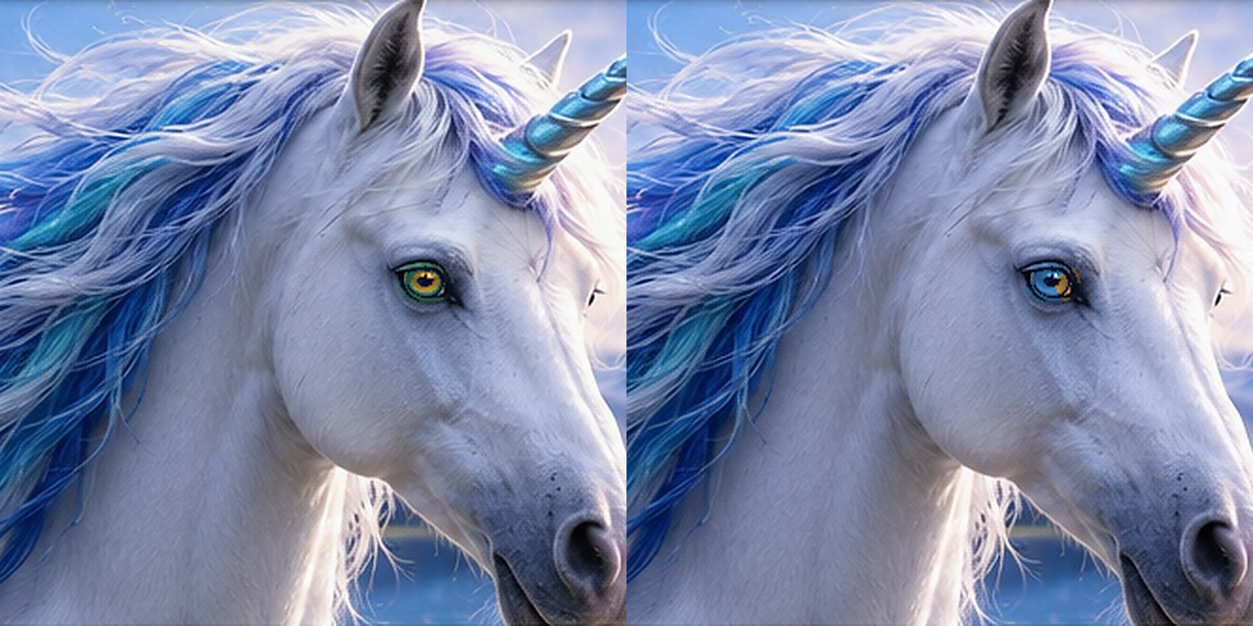 Two fantasy unicorns showing different heterochromia patterns