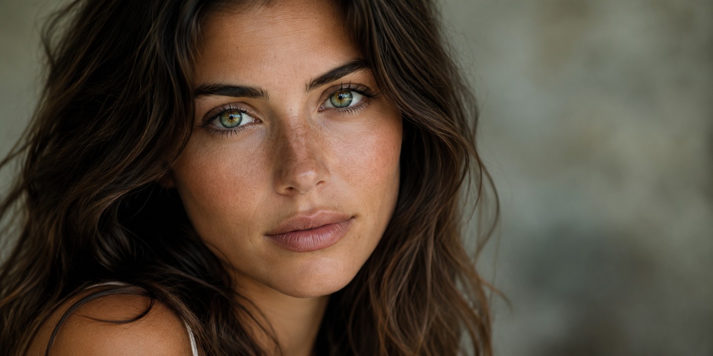 Close-up portrait of a woman with green eyes