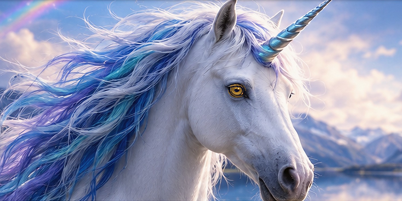 Fantasy unicorn with warm light-brown and amber-toned eyes