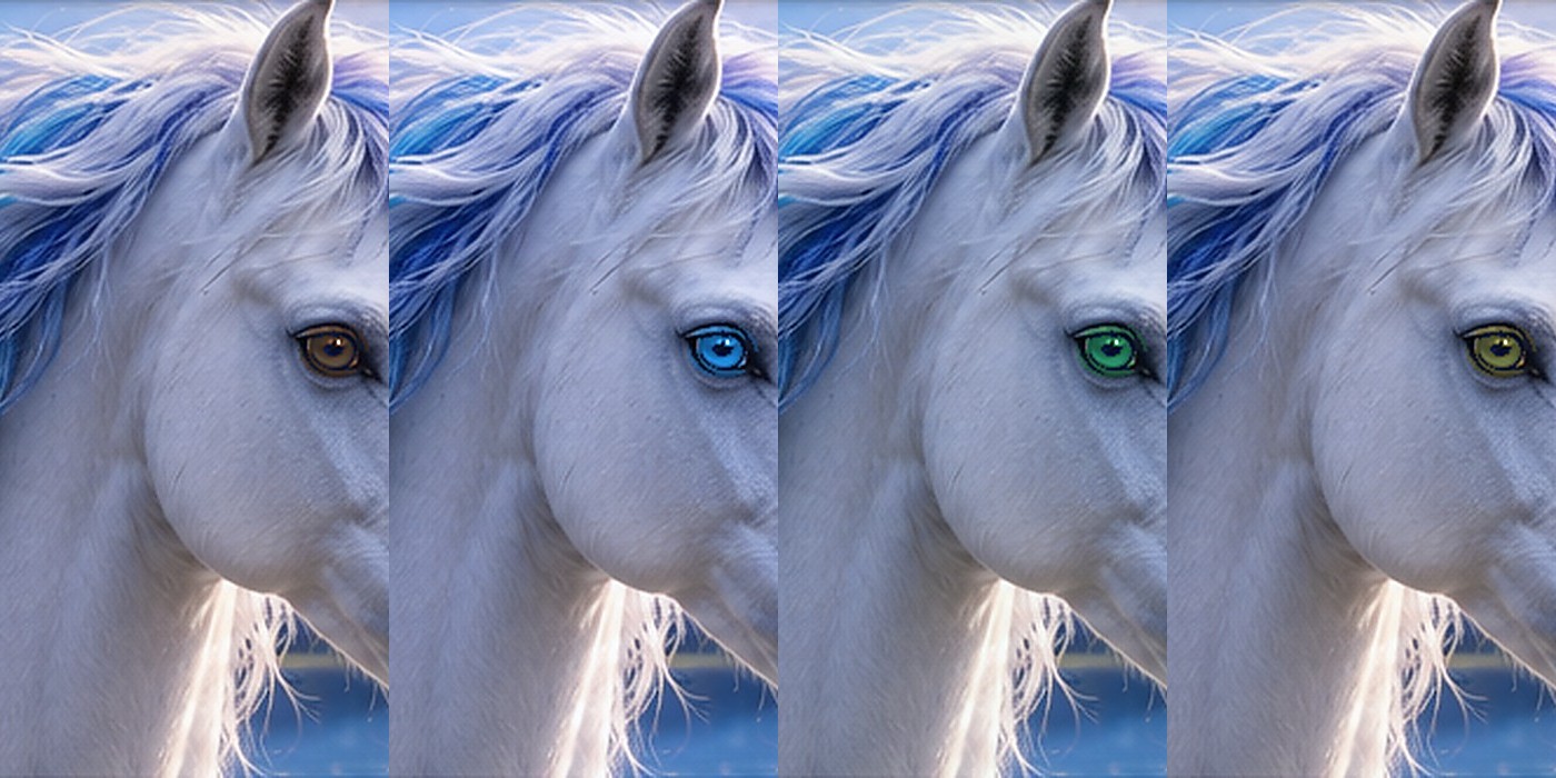 Four fantasy unicorn portraits representing the eye-color categories used in the site methodology
