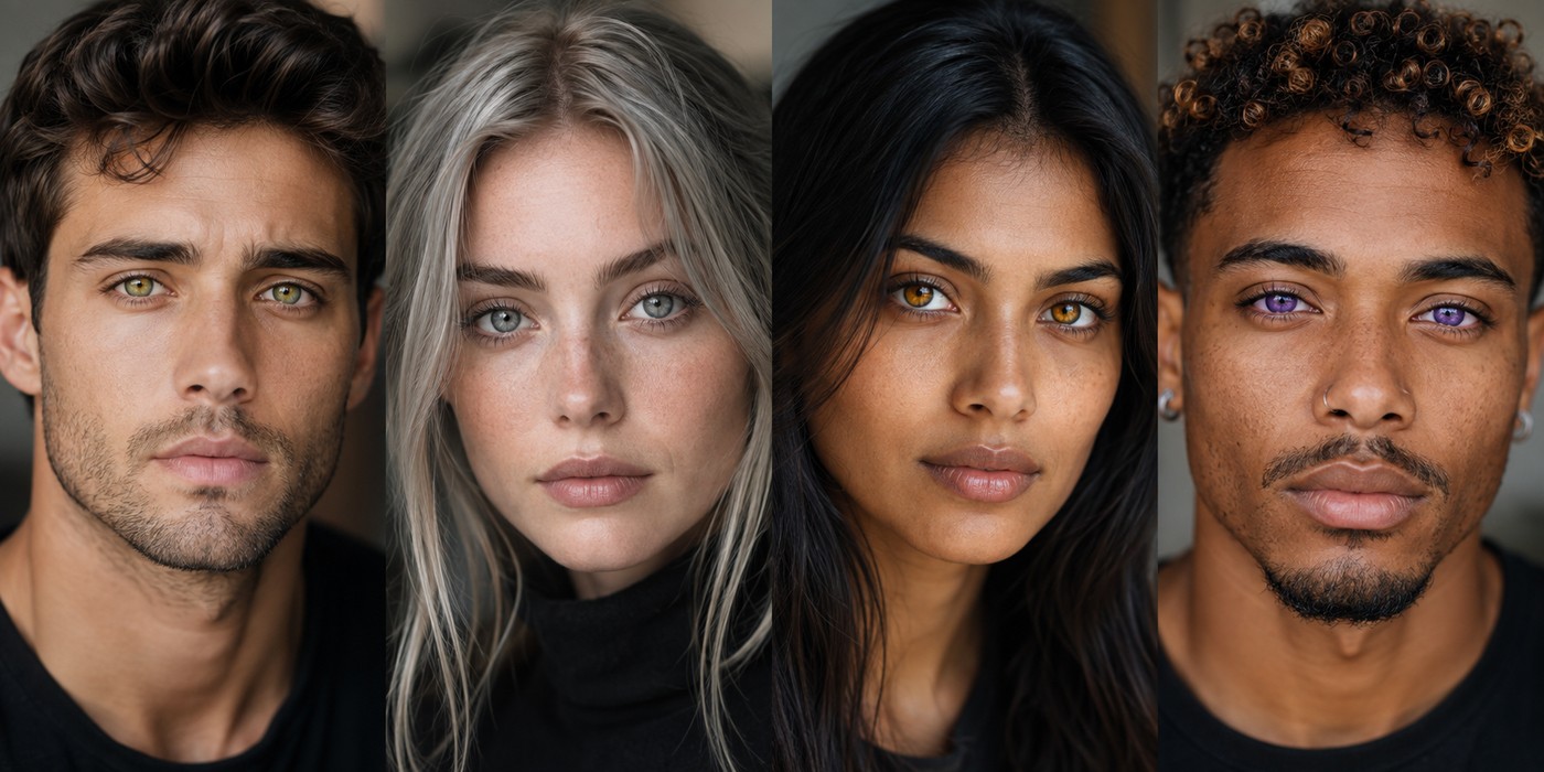 Portrait montage showing several rare and striking eye colors