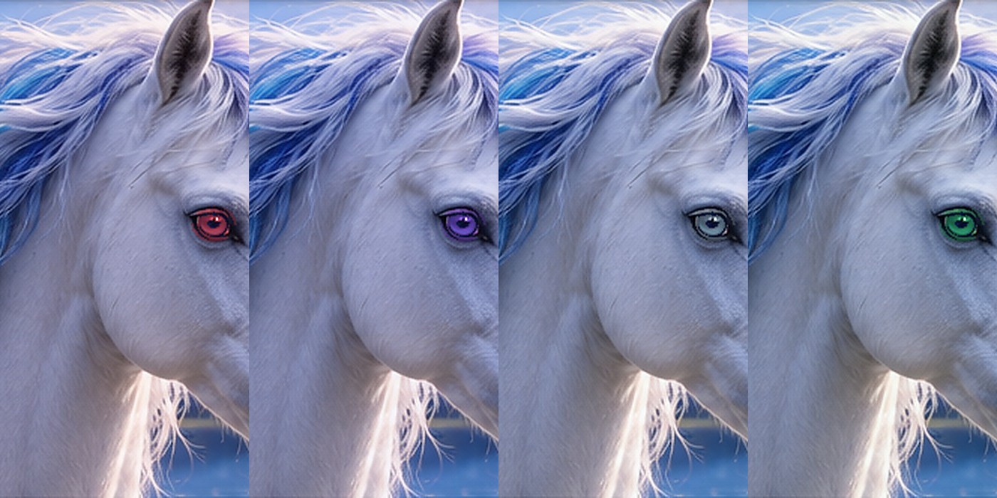 Four fantasy unicorn portraits showing red, violet, gray, and green rare eye colors
