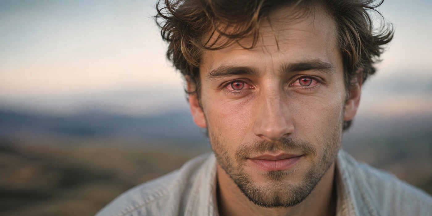 Close-up portrait of a man with natural red-looking eyes